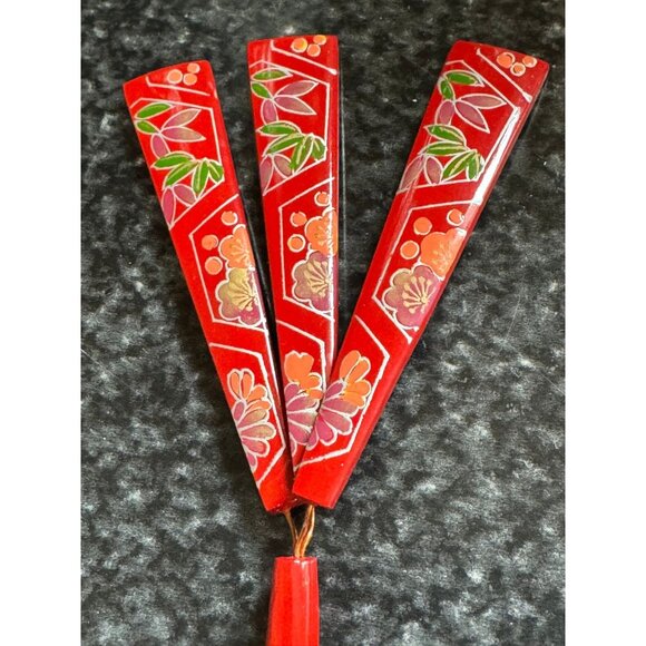Vtg Japanese Kanzashi Hair Stick Red Hand Painted 3 Fan On Metal Lacquer